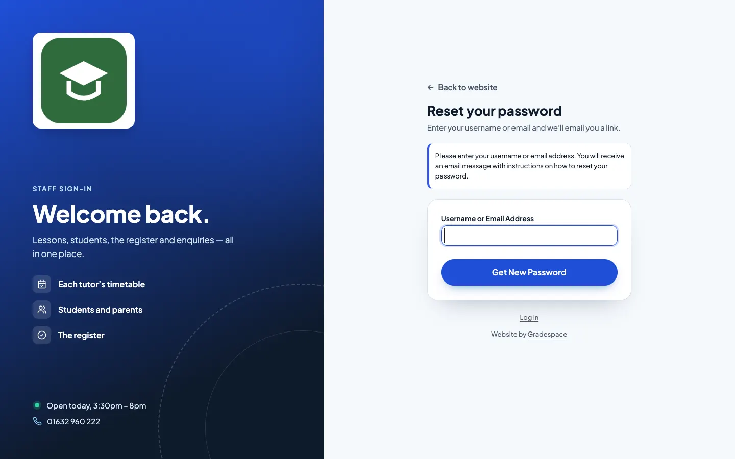 The Reset your password page: "Enter your username or email and we'll email you a link.", a Username or Email Address box, a Get New Password button and a Log in link