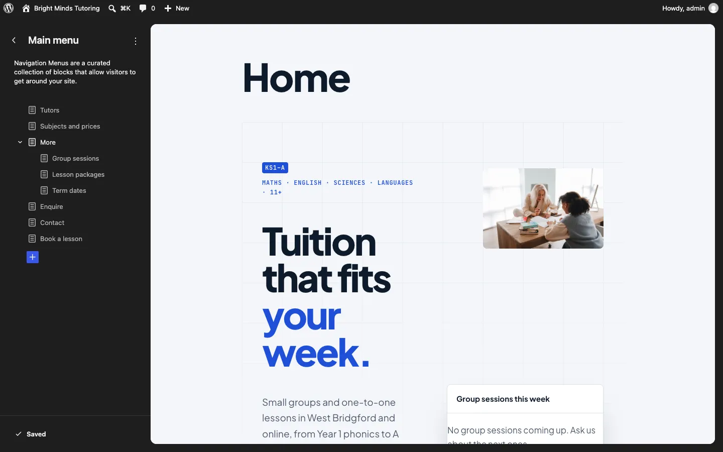 The Main menu panel in the Site Editor listing Tutors, Subjects and prices, More, Group sessions, Lesson packages, Term dates, Enquire, Contact and Book a lesson, with a blue + button below to add a link, and the home page shown on the right