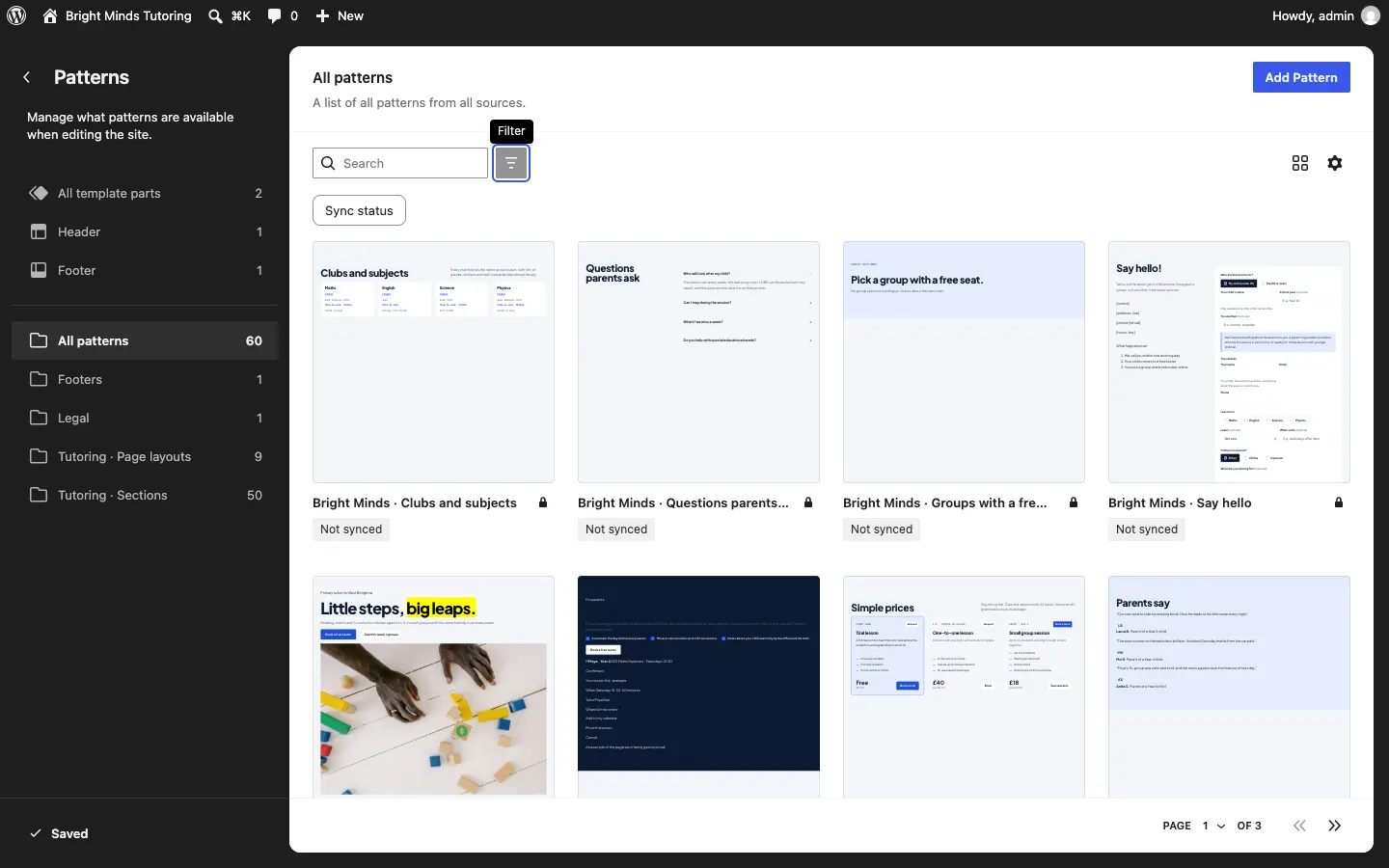 The Site Editor Patterns panel, with All template parts, Header and Footer at the top, then your kit's pattern categories