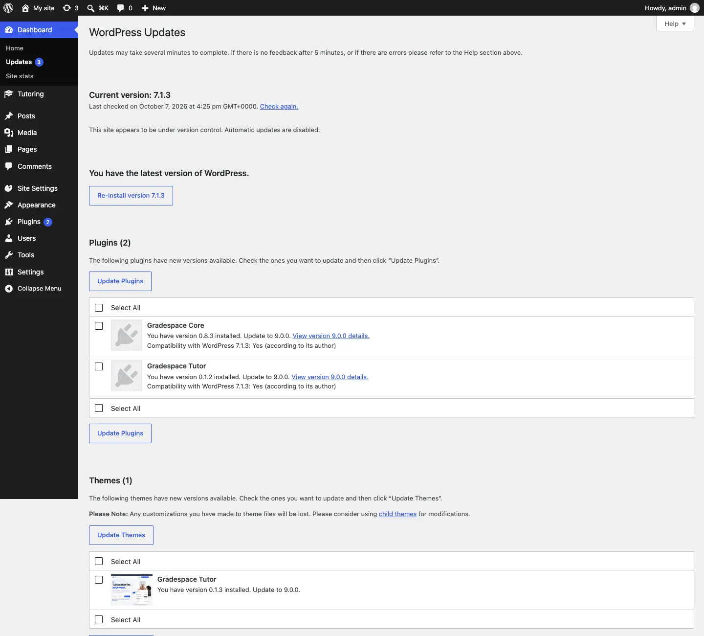 The WordPress Updates screen listing Gradespace Tutor and Gradespace Core under Plugins (2), each with "You have version … installed. Update to …" and a View details link, and the Gradespace Tutor theme under Themes (1), with Update Plugins and Update Themes buttons
