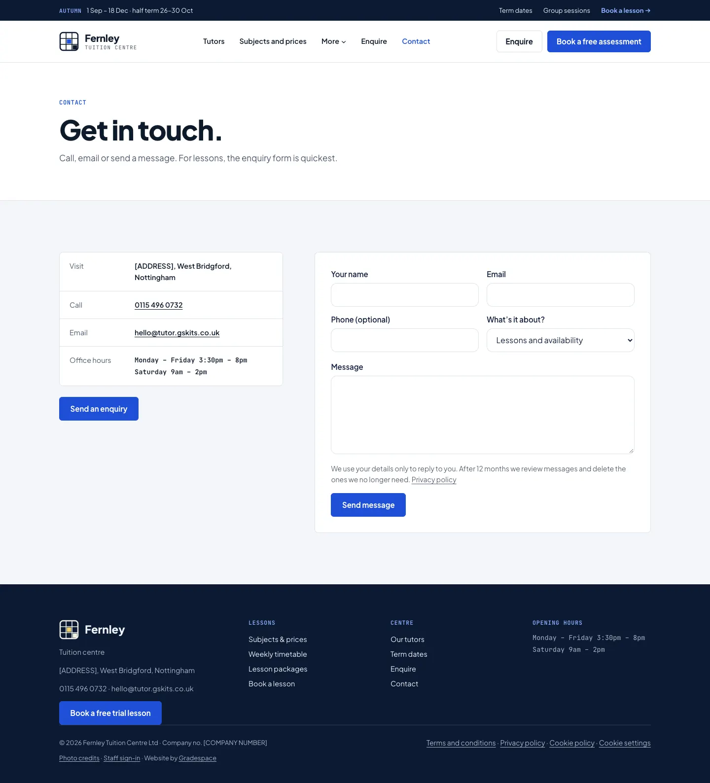 The Contact page with the address, phone, email, office hours and a contact form with a "What's it about?" choice