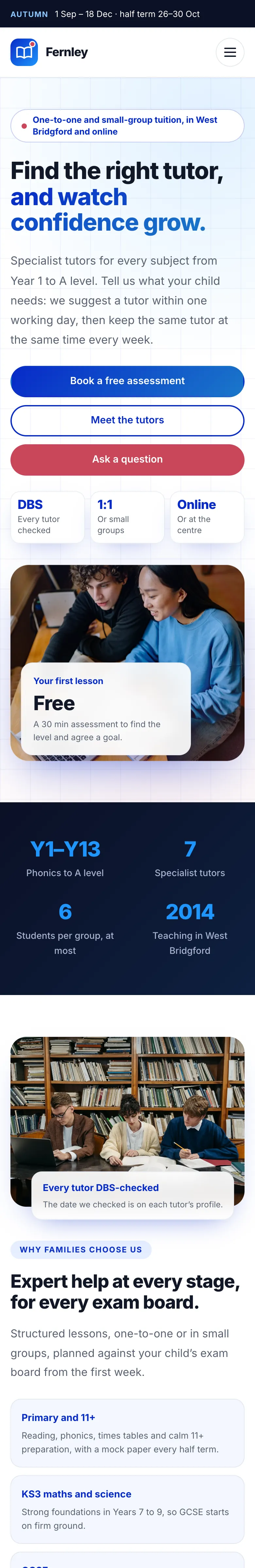The Academy design on a phone: the menu button, the welcome headline with its gradient words, three full-width buttons, the three small cards and the rounded photo with "Your first lesson: Free" on it