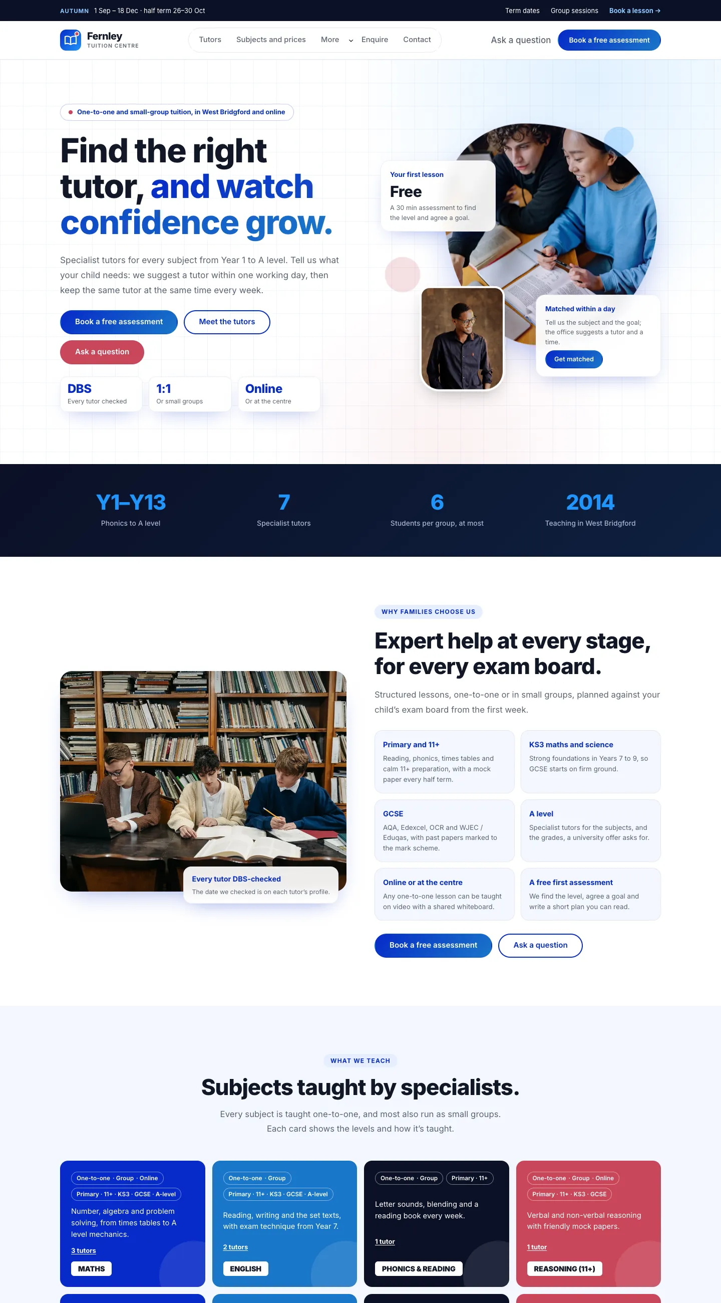 The Academy design on a computer: a dark term bar, the name beside a pill-shaped menu and a blue "Book a free assessment" button, the bold headline "Find the right tutor, and watch confidence grow." with the second half in a blue-to-sky gradient, three buttons, three small cards (DBS, 1:1, Online), and on the right a rounded blob-shaped photo of two students with glass cards for the free first lesson and "Matched within a day", a tutor's portrait, then a dark band of numbers
