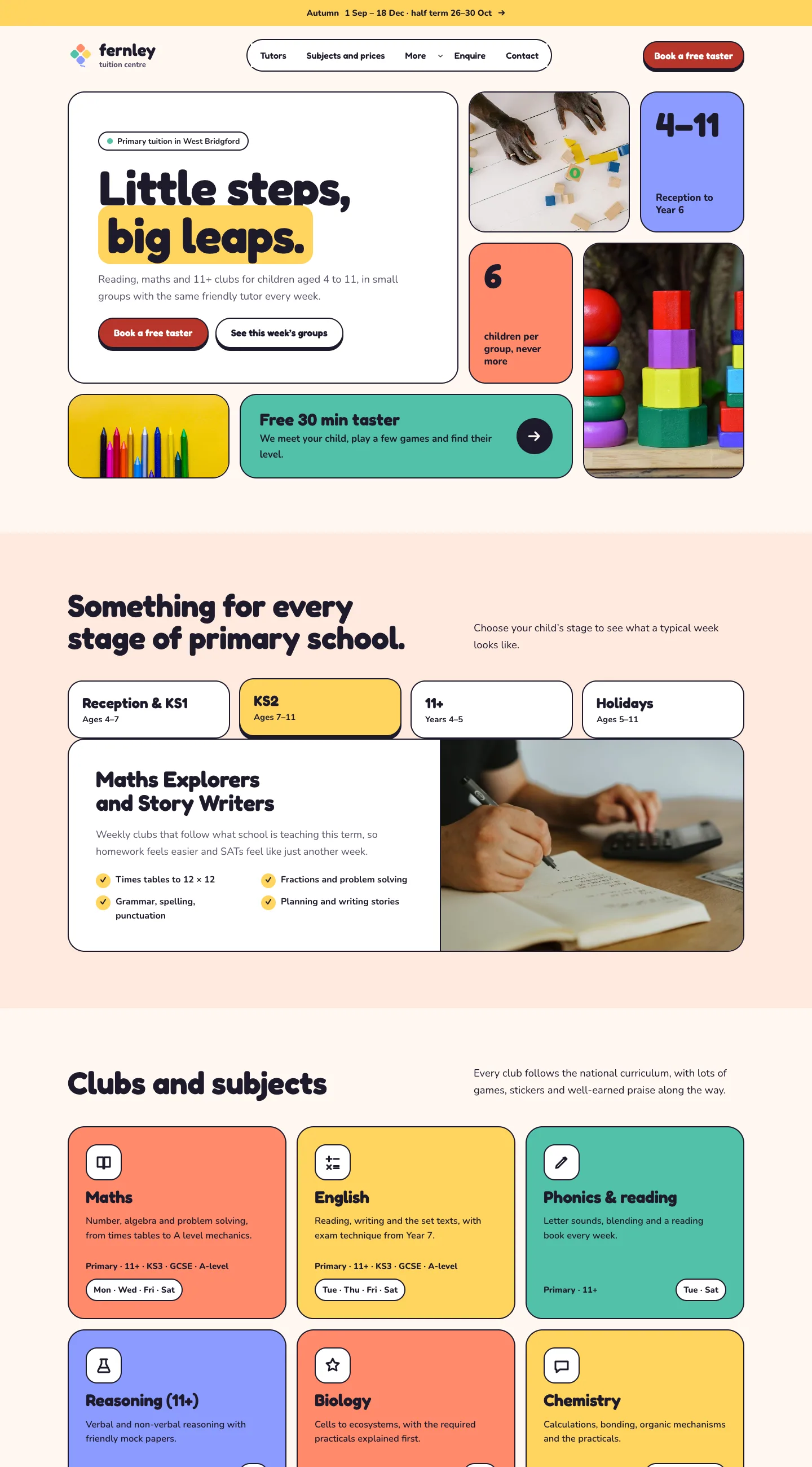 The Bright Minds design on a computer: a yellow term strip, a rounded menu, the chunky headline "Little steps, big leaps." in a rounded outlined tile beside a bento of photo and colour tiles (4–11, 6 children per group), the stage picker tabs with a club and its photo, and the coloured subject tiles