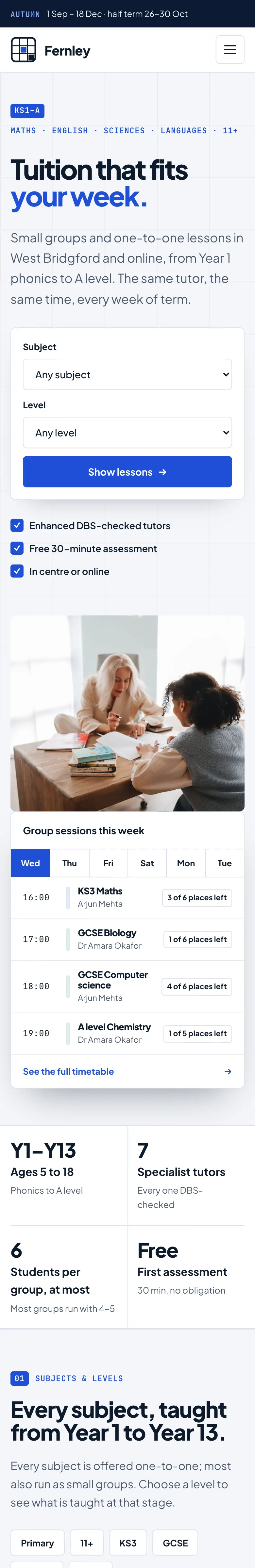 The Campus design on a phone: the menu button, the welcome, the subject and level finder stacked into one column and the photo