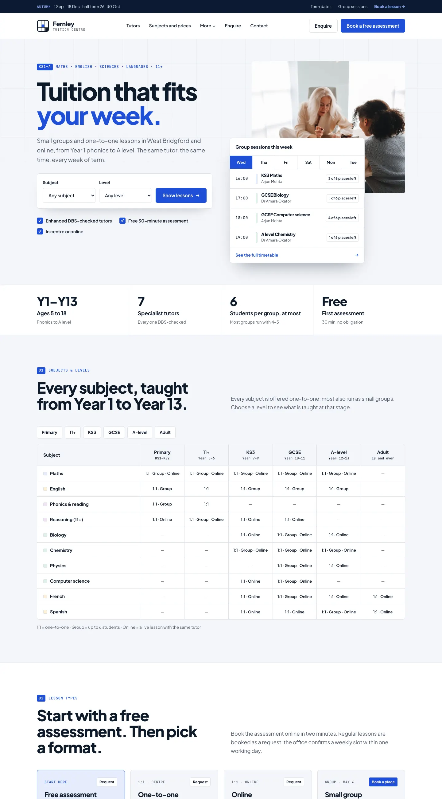 The Fernley demo home page in the Campus design, with a subject and level finder, this week's group sessions with the places left, and a free 30-minute assessment