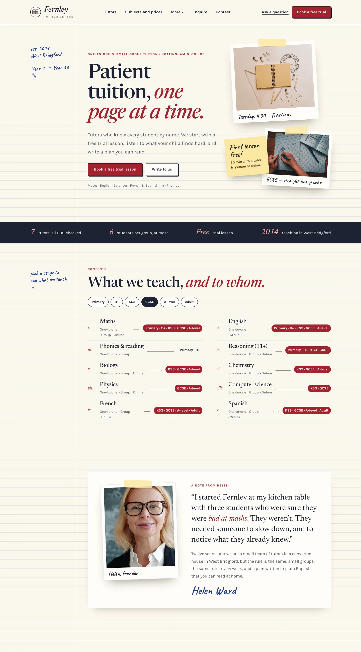 The Notebook design on a computer: warm ruled paper with a red margin line, handwritten notes in the margin ("est. 2014, West Bridgford"), the serif headline "Patient tuition, one page at a time." with a red italic accent, taped photos with handwritten captions, a dark strip of figures and the "What we teach, and to whom" contents page of subjects