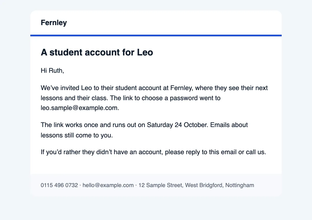 The parent's copy: A student account for Leo, Hi Ruth, saying Leo was invited and the link went to Leo's own email, that it works once, and that lesson emails still come to the parent