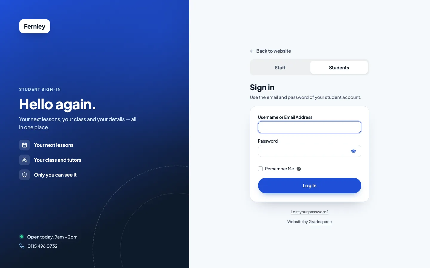 The sign-in page with Students chosen: Student sign-in, Hello again, your next lessons, your class and your details, and the sign-in form asking for the email and password of the student account