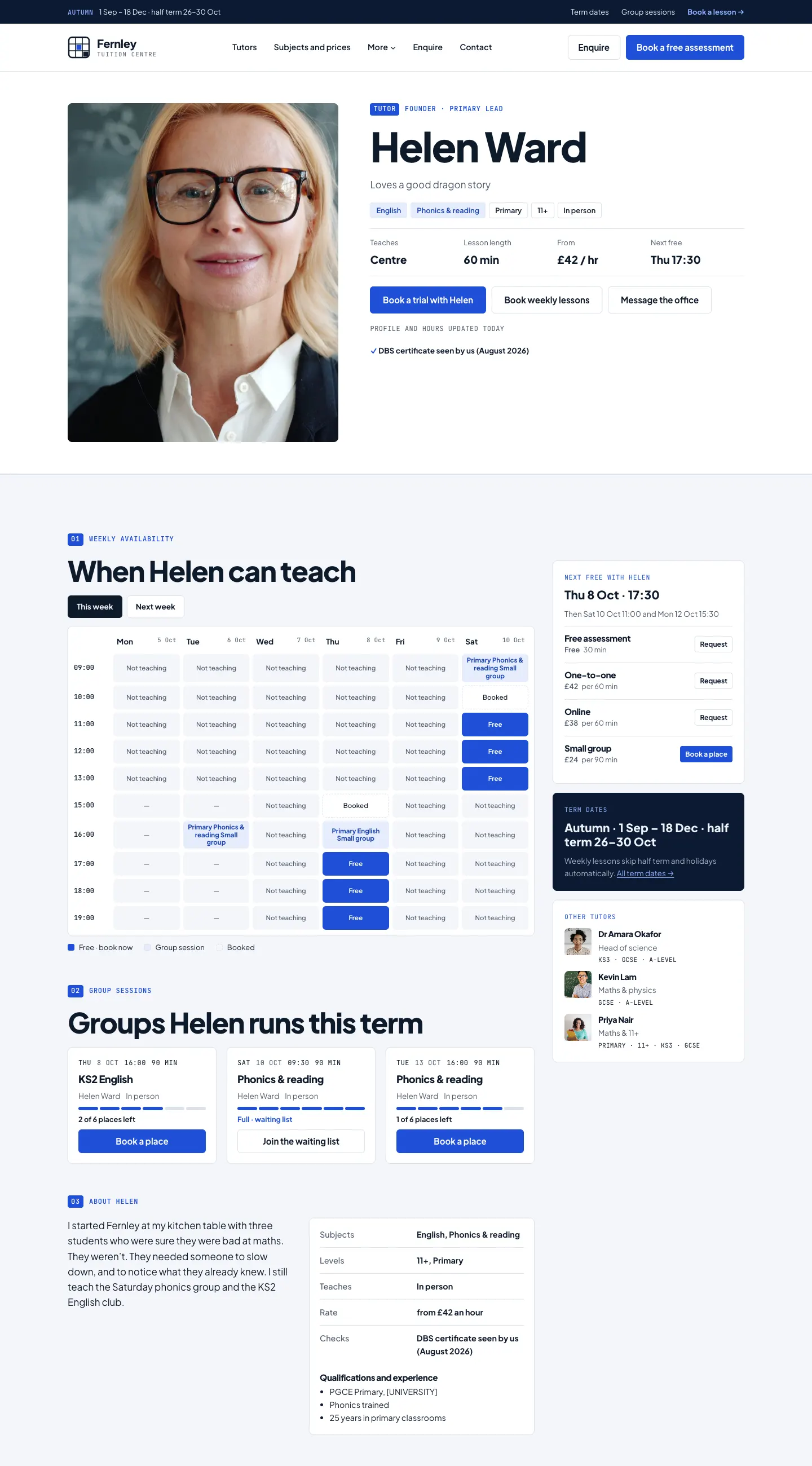 Helen Ward's page: her name and short line, English and Phonics & reading, Primary and 11+, in person, from £42 an hour, next free Thursday 17:30, the Book a trial button, the DBS line, and a grid of when she can teach this week