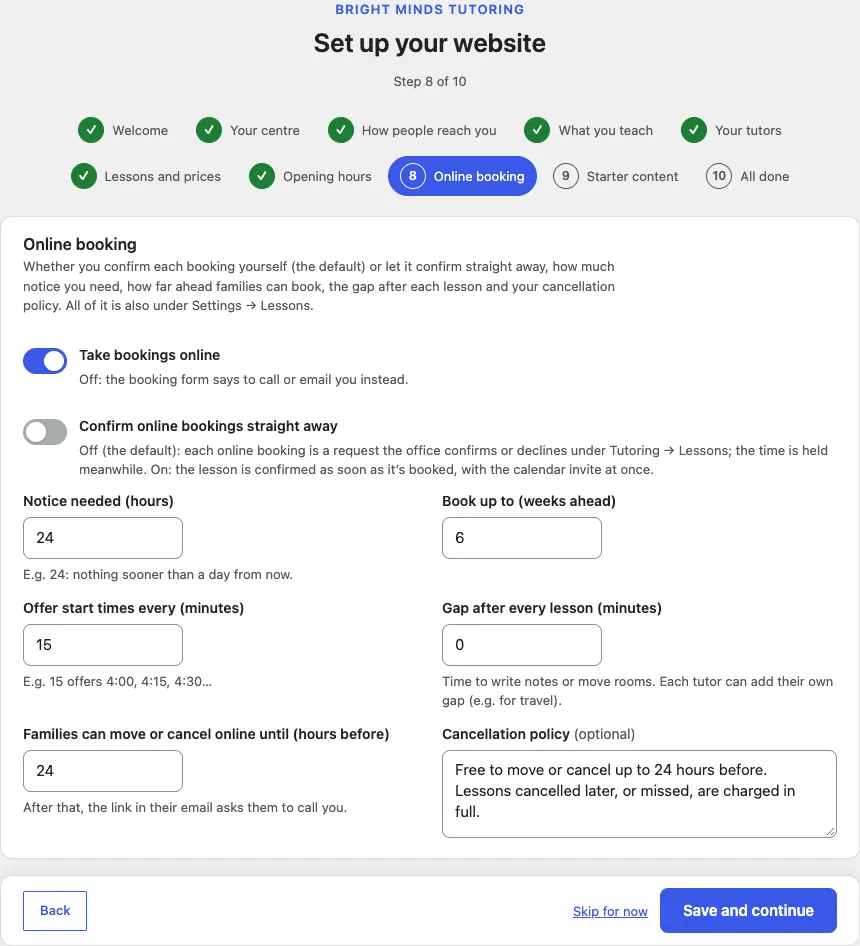 Step 8 of 10, Online booking: Take bookings online on, Confirm online bookings straight away off, notice 24 hours, book up to 6 weeks ahead, start times every 15 minutes, gap 0, move or cancel until 24 hours before, and the cancellation policy text