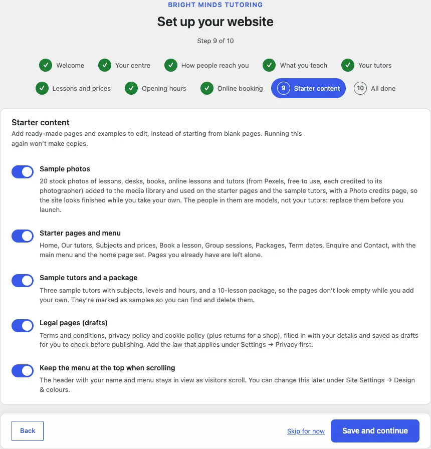 Step 9 of 10, Starter content, with switches for Sample photos, Starter pages and menu, Sample tutors and a package, Legal pages (drafts) and Keep the menu at the top when scrolling