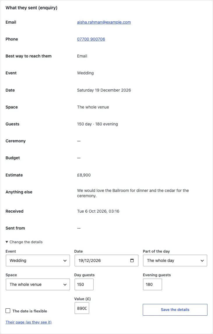 Change the details opened on WH-1007: boxes for Event, Date, Part of the day, Space, Day guests, Evening guests, The date is flexible, and Value (£), with a Save the details button