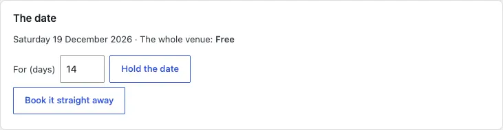 The date card for a free date, with Hold the date and Book it straight away buttons