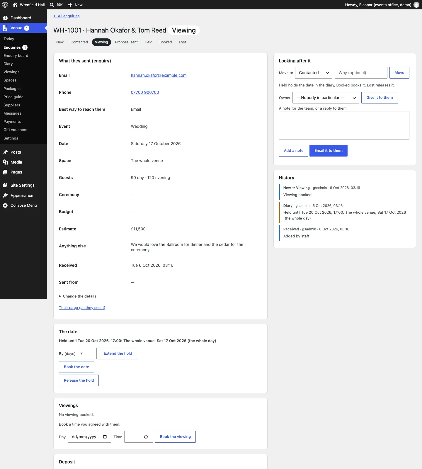 An open enquiry, WH-1001 Hannah Okafor & Tom Reed at the Viewing stage: What they sent (email, phone, best way to reach them, event, date, space, guests, ceremony, budget, estimate £11,500, anything else, received), Change the details and Their page (as they see it) links; The date card with the hold until Tue 20 Oct and Extend the hold, Book the date and Release the hold buttons; on the right, Looking after it and History