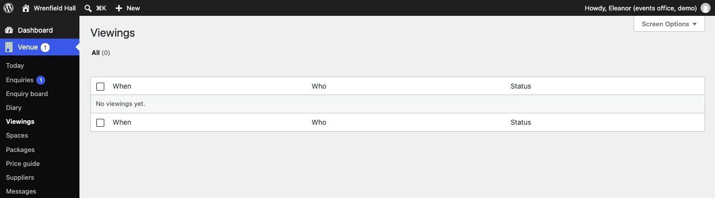 The Viewings list in the admin with columns When, Who and Status and the message "No viewings yet."