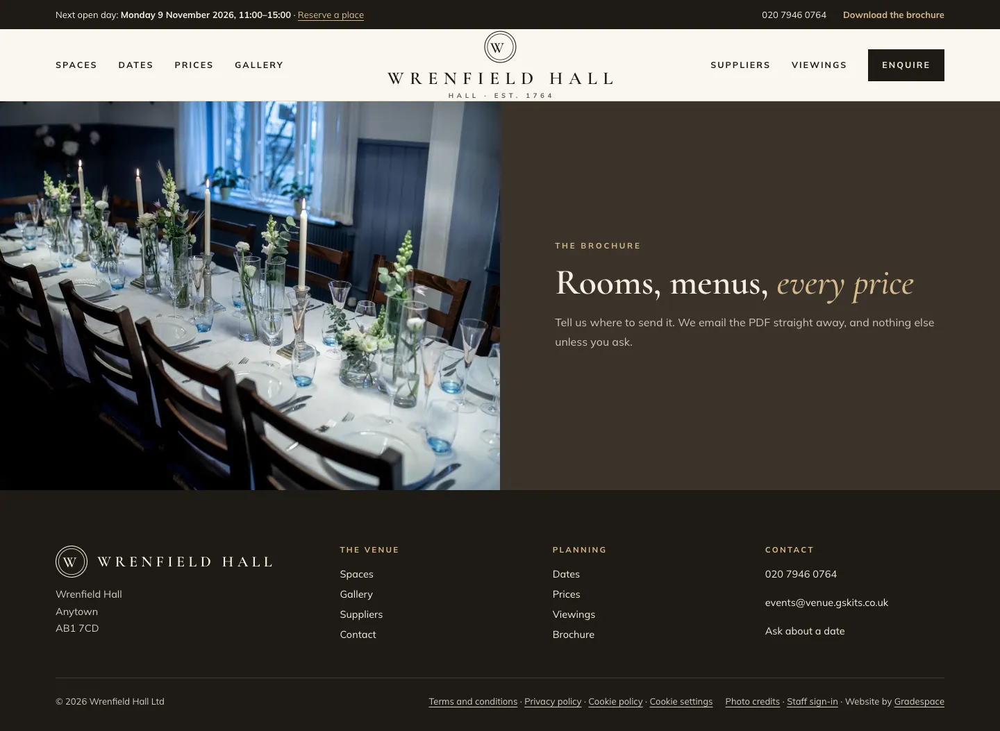The Brochure page in the demo: a photo of a long table laid for dinner beside the heading "Rooms, menus, every price" and the line "Tell us where to send it. We email the PDF straight away, and nothing else unless you ask." The form itself is not shown because no brochure has been uploaded in the demo