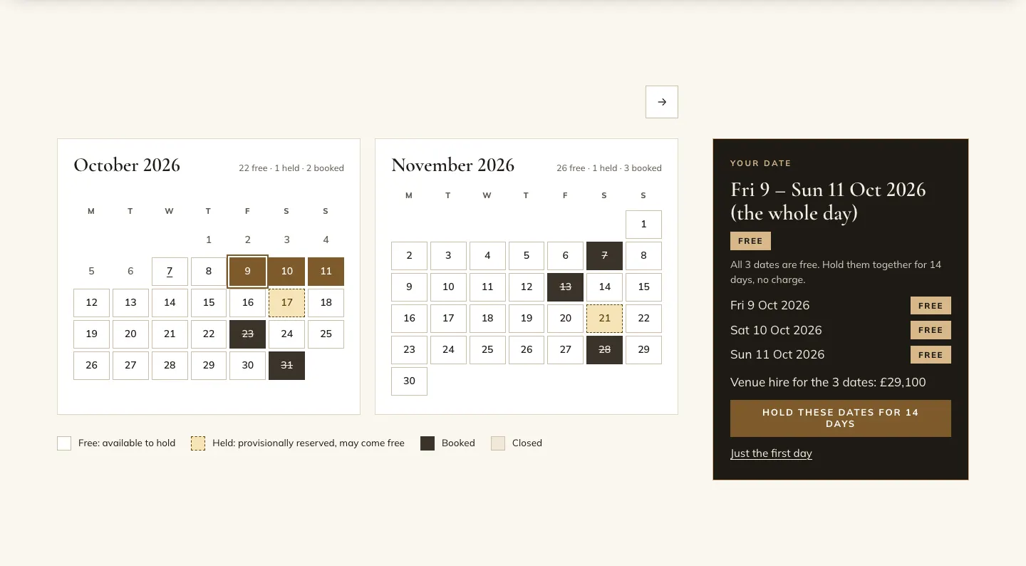 The calendar with Friday 9 to Sunday 11 October chosen: the panel lists the three dates as Free, venue hire for the 3 dates £29,100, and a Hold these dates for 14 days button