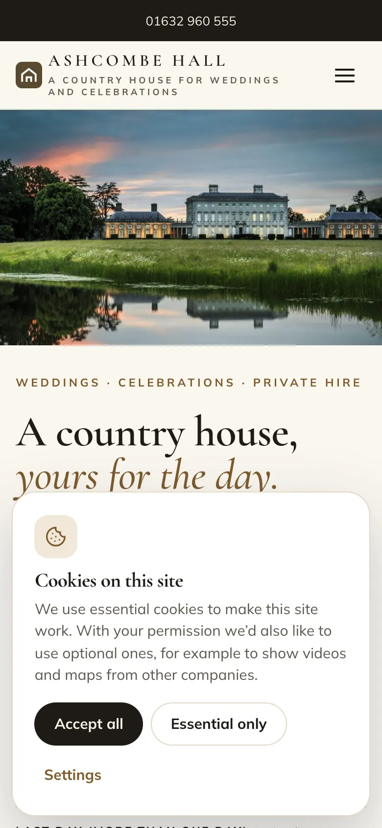 The banner on a phone, taking up the bottom of the screen, with Accept all, Essential only and Settings