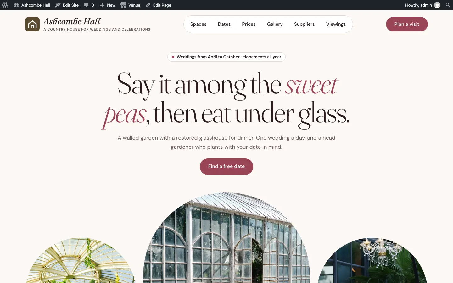 The home page previewed in a new tab in the Garden design with the Blush palette, before saving