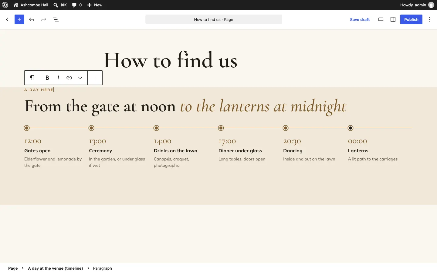A page open in the editor with a paragraph selected: a small toolbar above it shows the paragraph, bold, italic and link buttons, and the address and contact details in the section fill themselves in from the settings