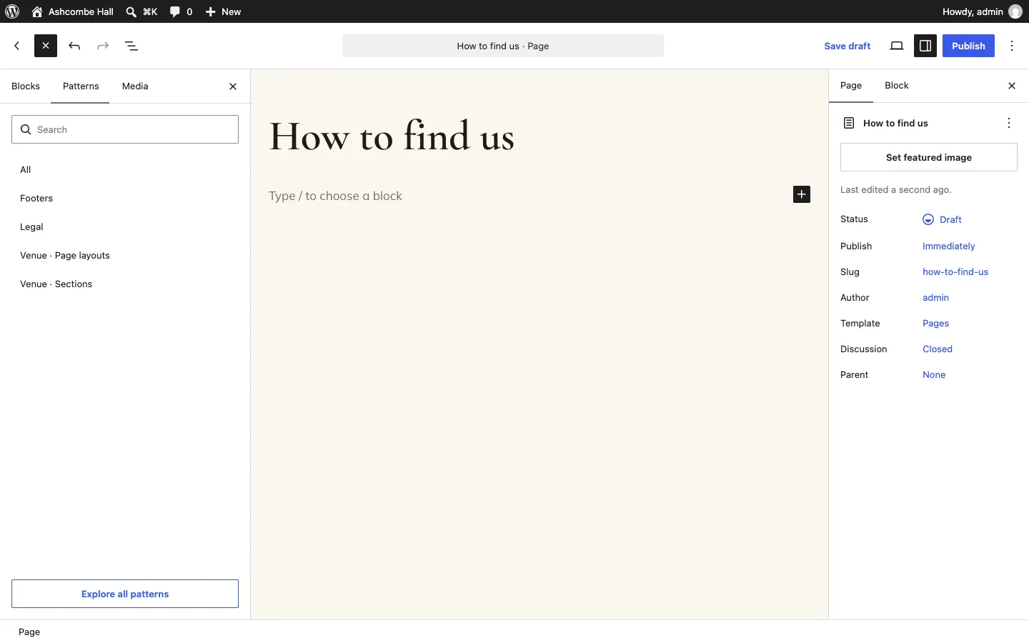The Patterns tab listing All, Starter content, the Venue kit's own categories ending in Page layouts and Sections, Footers and Legal, with an Explore all patterns button