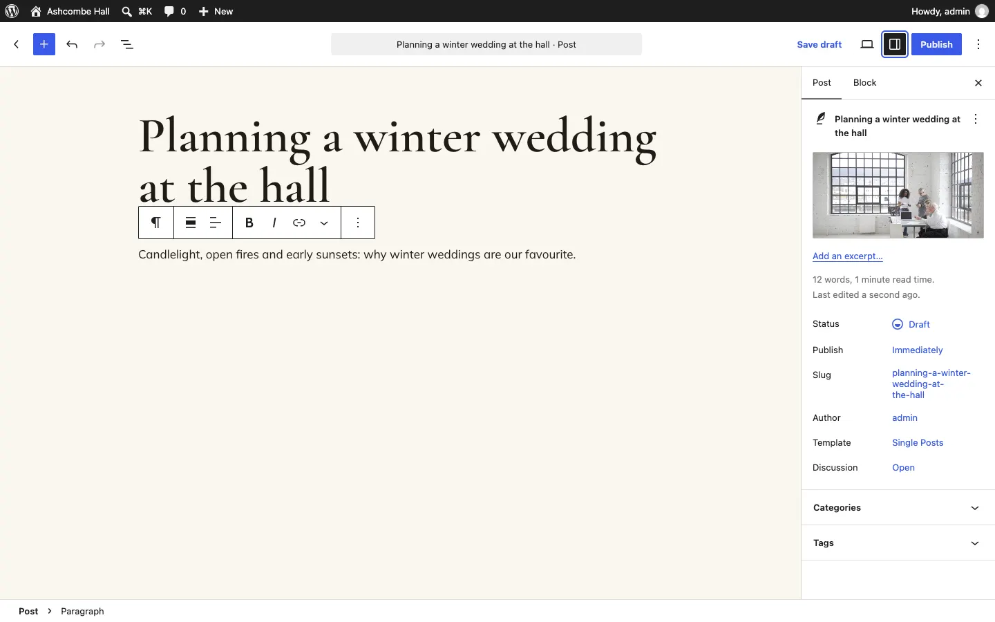 A new post with its title and first paragraph, and on the right the Post settings panel with one of the sample photos as the featured image, Add an excerpt, Status Draft, Publish Immediately, and the Categories and Tags sections