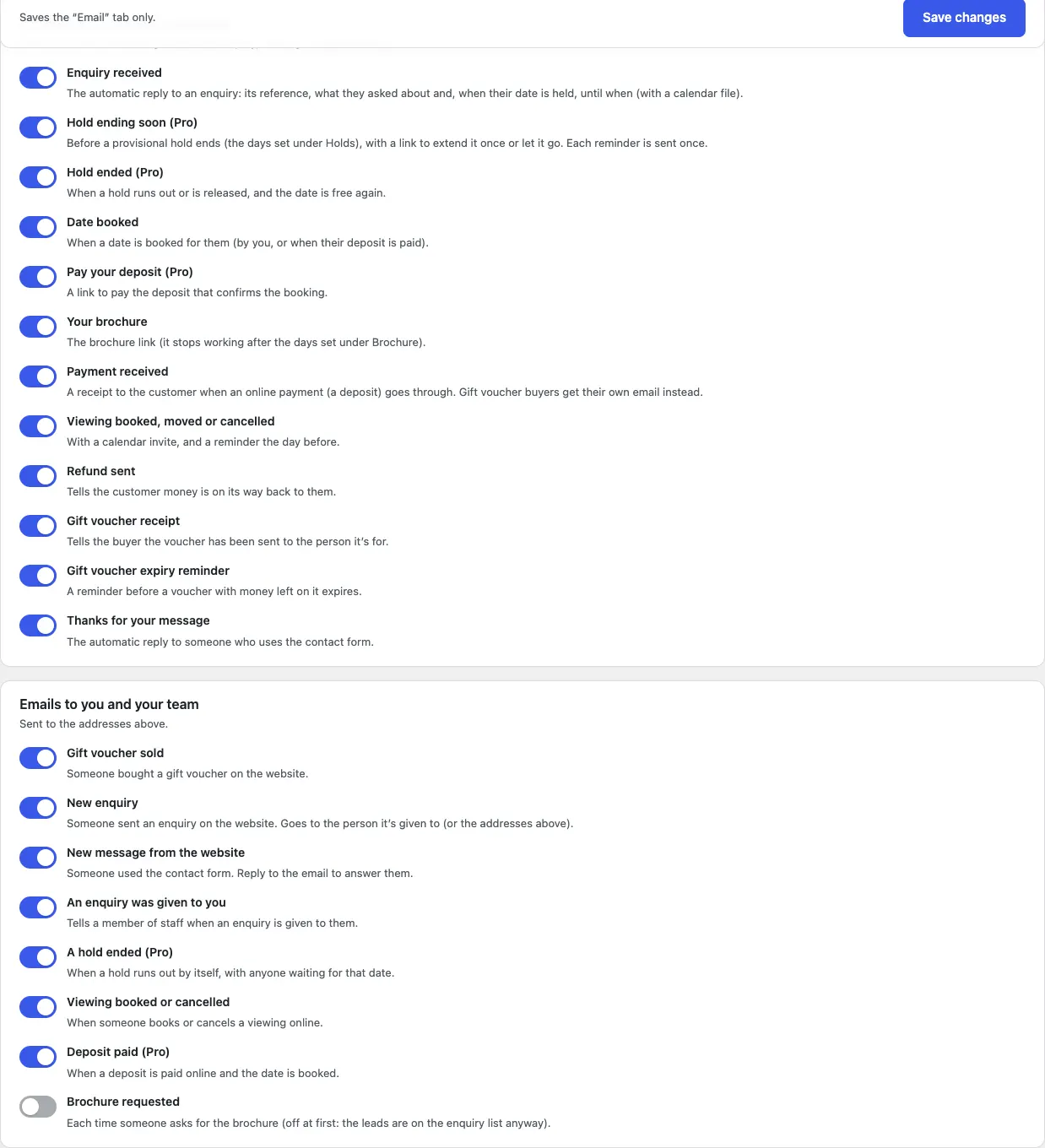 The Emails to couples and organisers and Emails to you and your team cards, with a switch for each email and a line saying who gets it and when, all switched on
