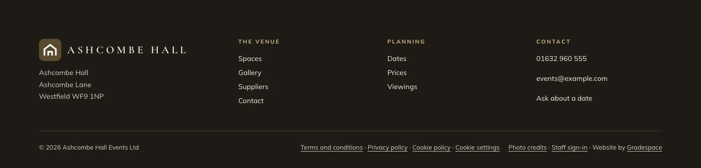 The footer of the sample Venue website: the tagline and contact details, columns of links, and a bottom line with the © year and name and links to the legal pages and Cookie settings