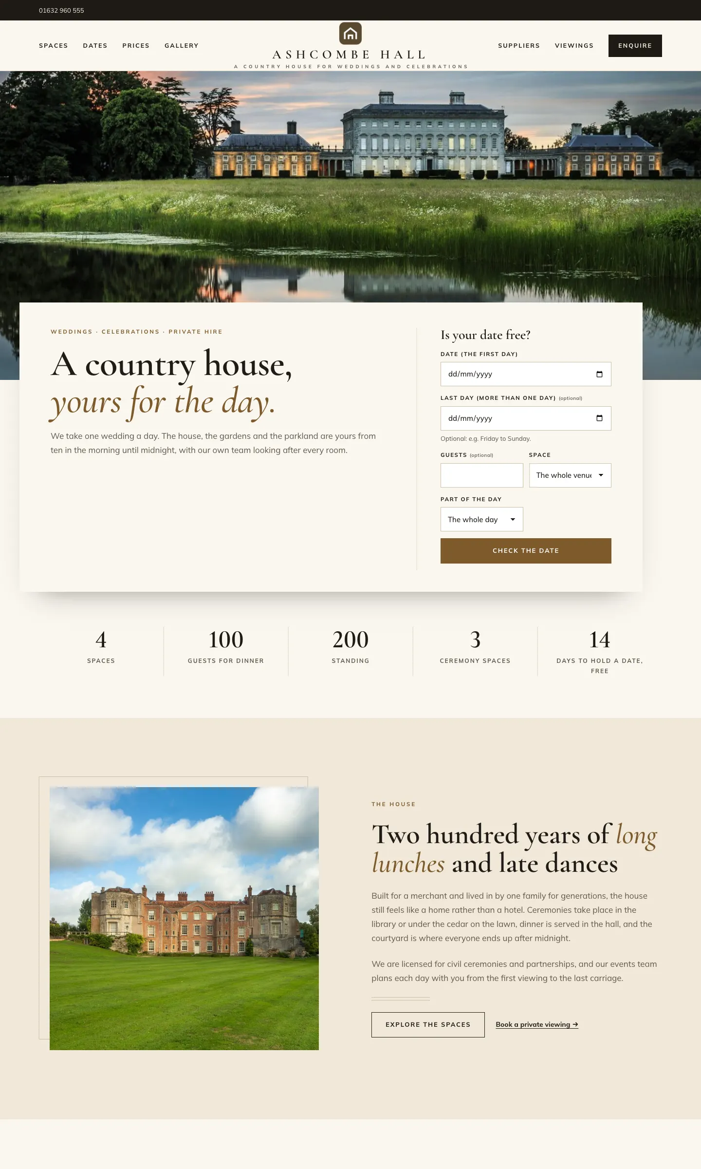 The sample Venue website's home page after the wizard, in its starting design, with the sample logo, the main menu, a large heading and the sample photos