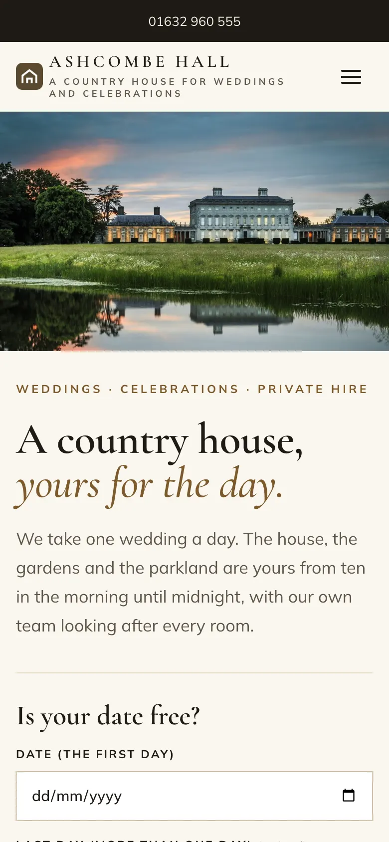 The sample Venue home page on a phone, with the logo at the top left, a menu button at the top right, and the large heading below