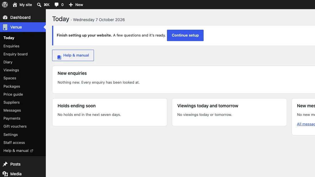 The Today screen with the Help & manual button under the heading, and the kit's menu on the left ending with Help & manual and a small arrow showing it opens in a new tab