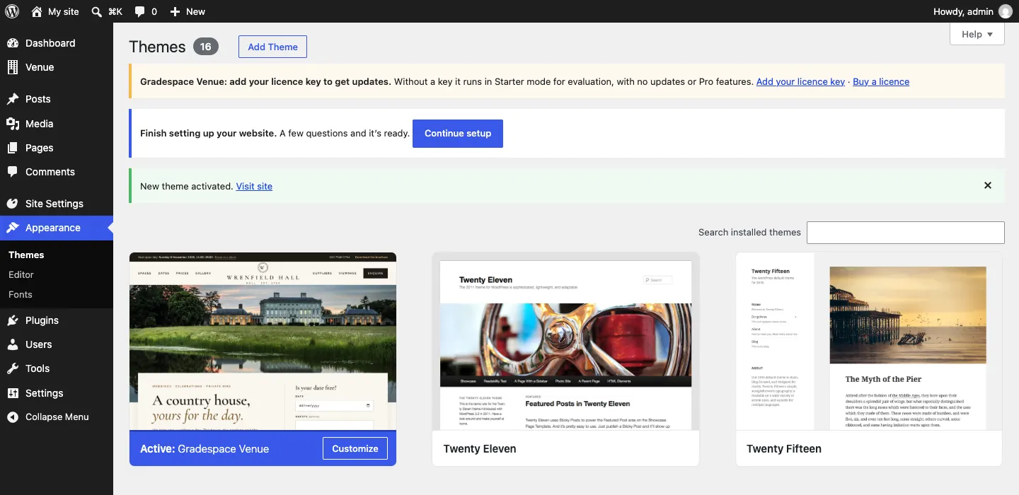 The Themes screen with "Active: Gradespace Venue", a notice "New theme activated", the blue "Finish setting up your website" notice with a Continue setup button, and the Site Settings menu on the left