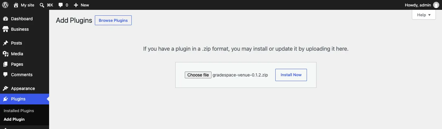 The upload box with the gradespace-venue plugin's .zip file chosen, ready to install