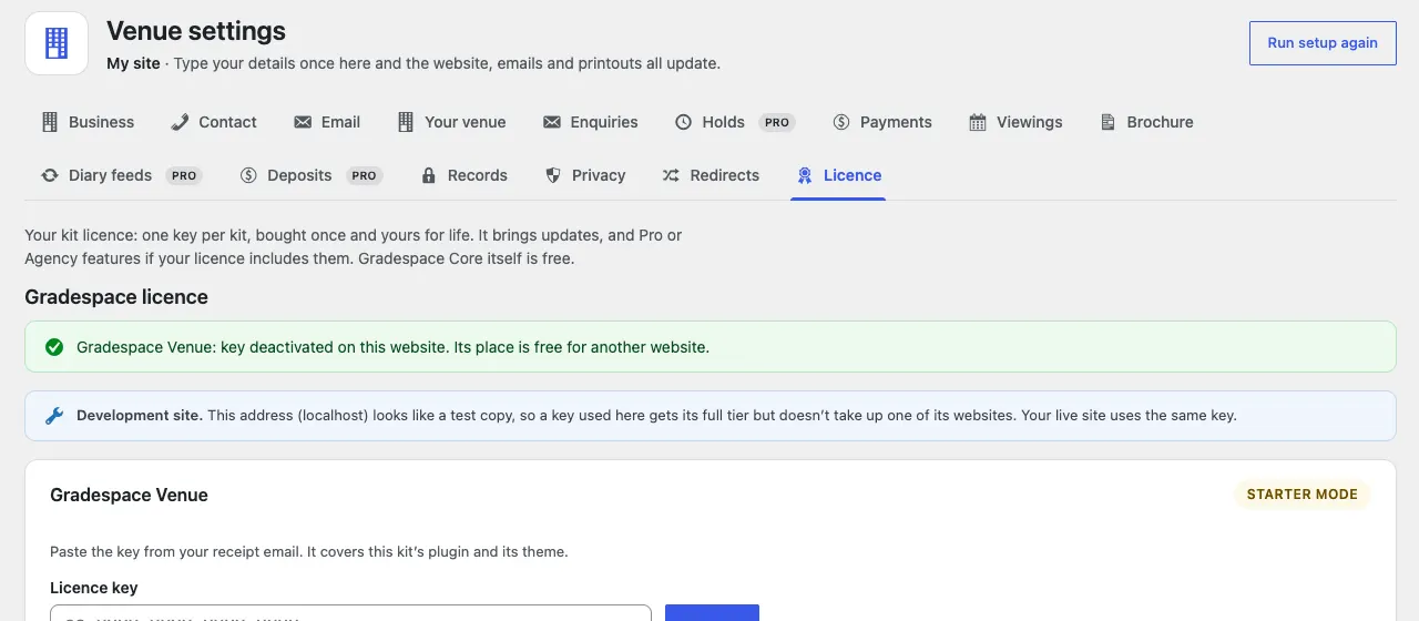 The green message "Gradespace Venue: key deactivated on this website. Its place is free for another website." above the licence card, now back in Starter mode