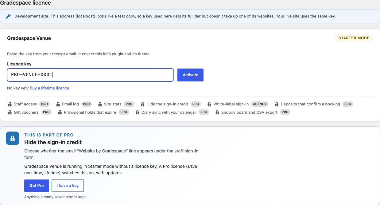 A sample licence key pasted into the Licence key box, ready to click Activate