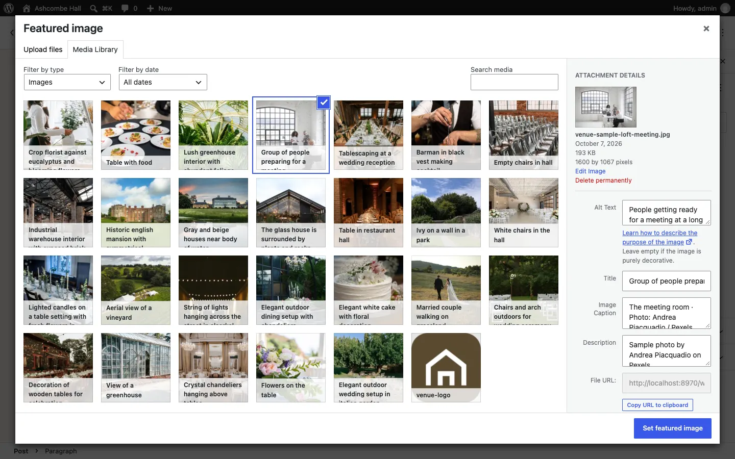 The Featured image box with the Media Library tab open, one of the sample photos selected, and the Attachment details panel on the right with its Alt Text, Title, Caption and Description boxes, and a Set featured image button