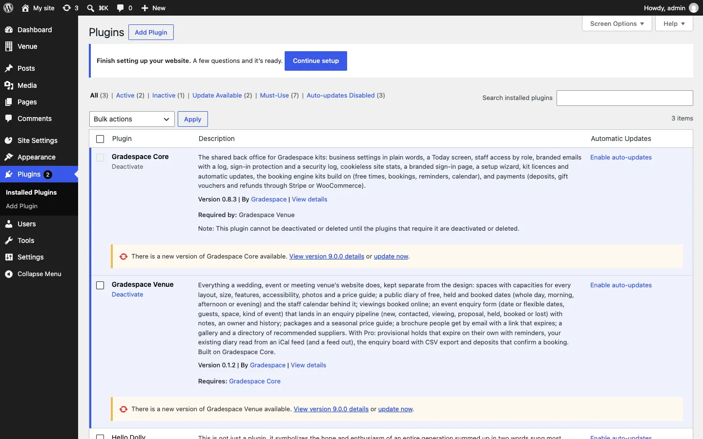The Plugins screen with yellow lines under Gradespace Venue and Gradespace Core: "There is a new version of Gradespace Venue available. View version details or update now."