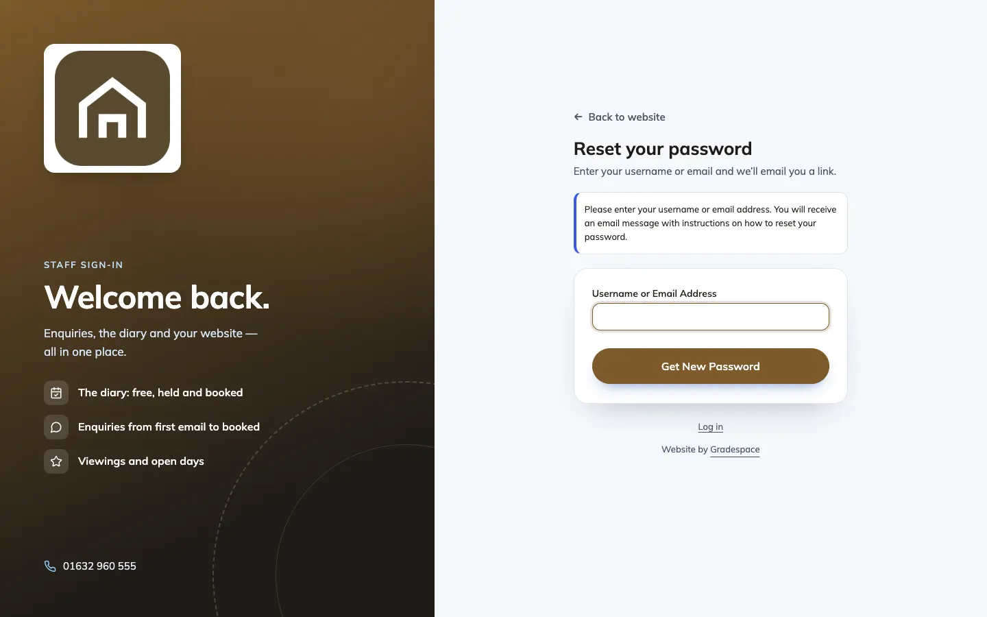 The Reset your password page: "Enter your username or email and we'll email you a link.", a Username or Email Address box, a Get New Password button and a Log in link