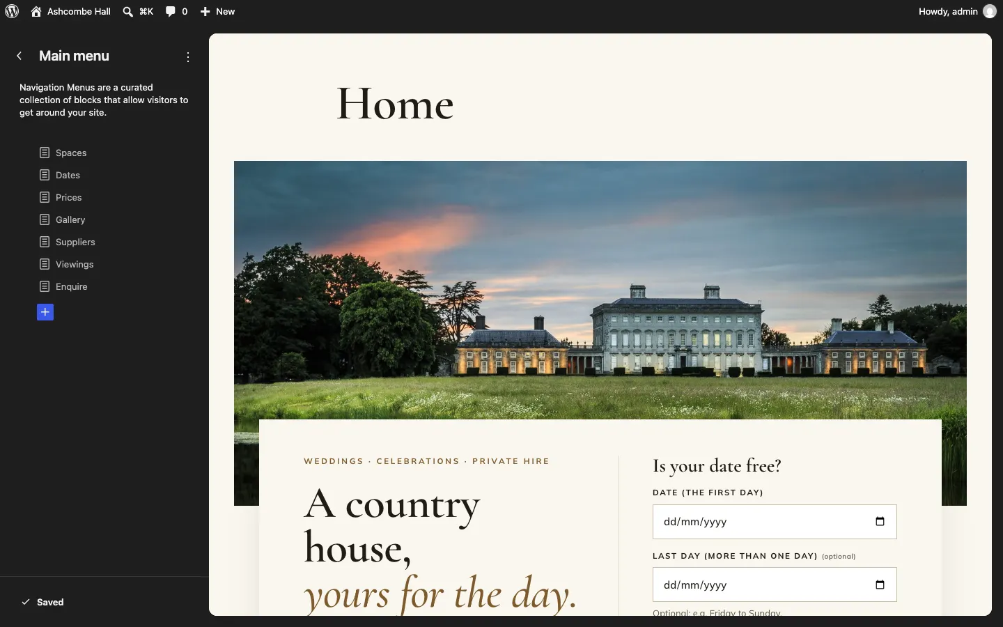 The Main menu panel in the Site Editor listing Spaces, Dates, Prices, Gallery, Suppliers, Viewings and Enquire, with a blue + button below to add a link, and the home page shown on the right