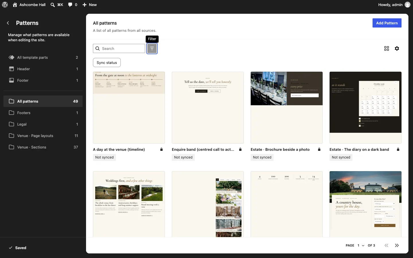 The Site Editor Patterns panel, with All template parts, Header and Footer at the top, then your kit's pattern categories