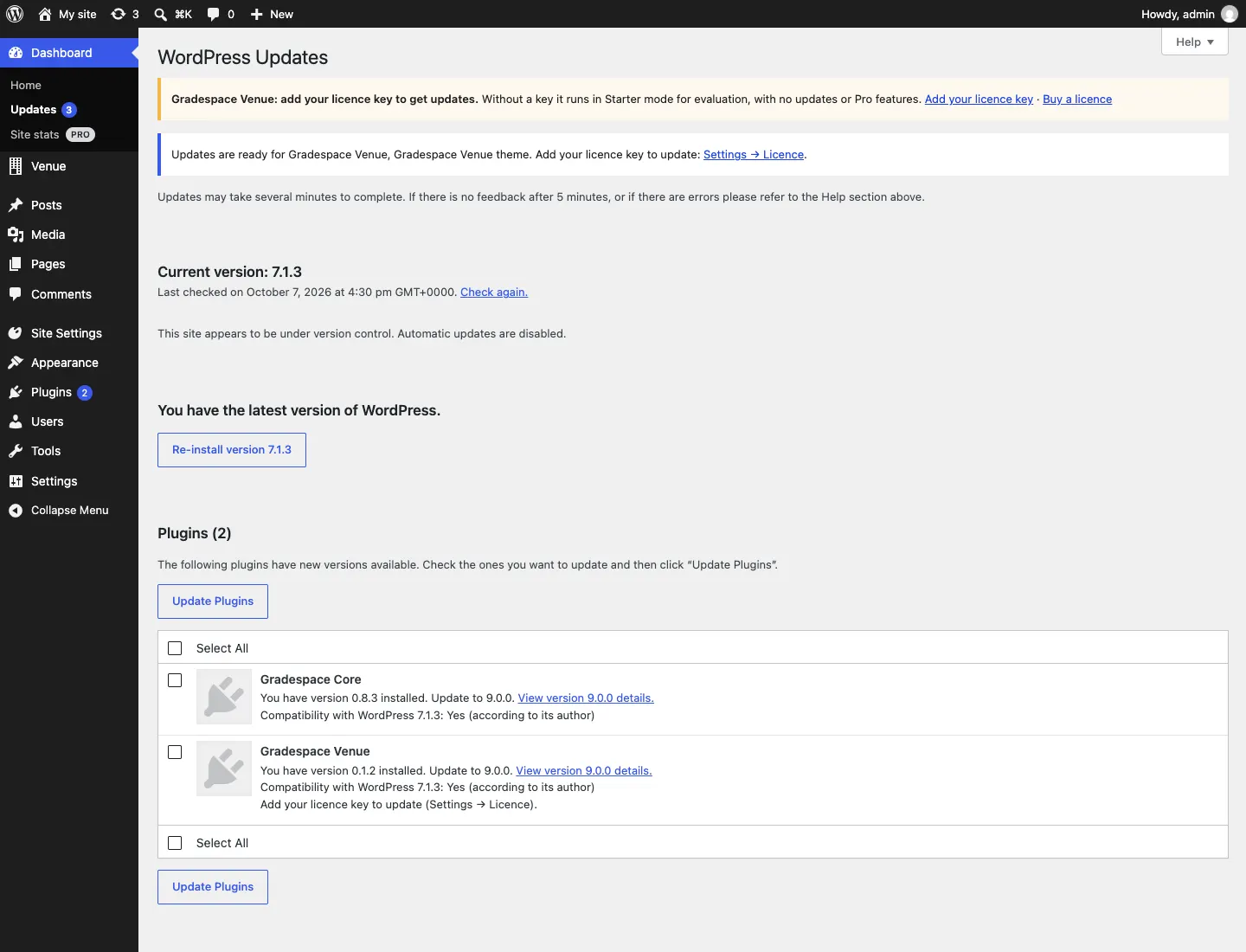 The Updates screen without a licence key, with the yellow notice "Gradespace Venue: add your licence key to get updates.", the notice "Updates are ready for Gradespace Venue, Gradespace Venue theme. Add your licence key to update: Settings → Licence." and "Add your licence key to update (Settings → Licence)." under Gradespace Venue