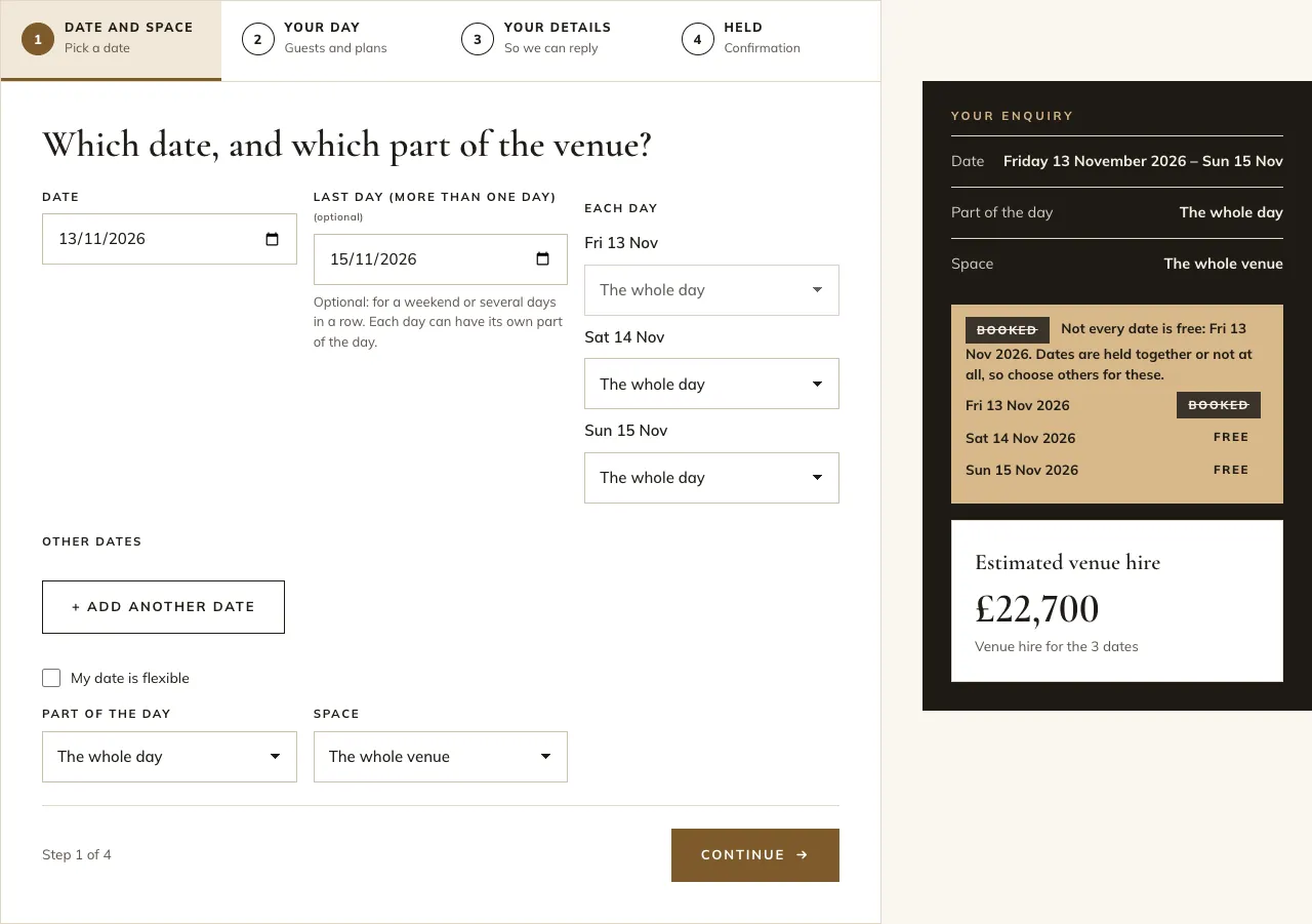 Step 1 of the enquiry form with a last day chosen, showing the Each day list and the + Add another date button