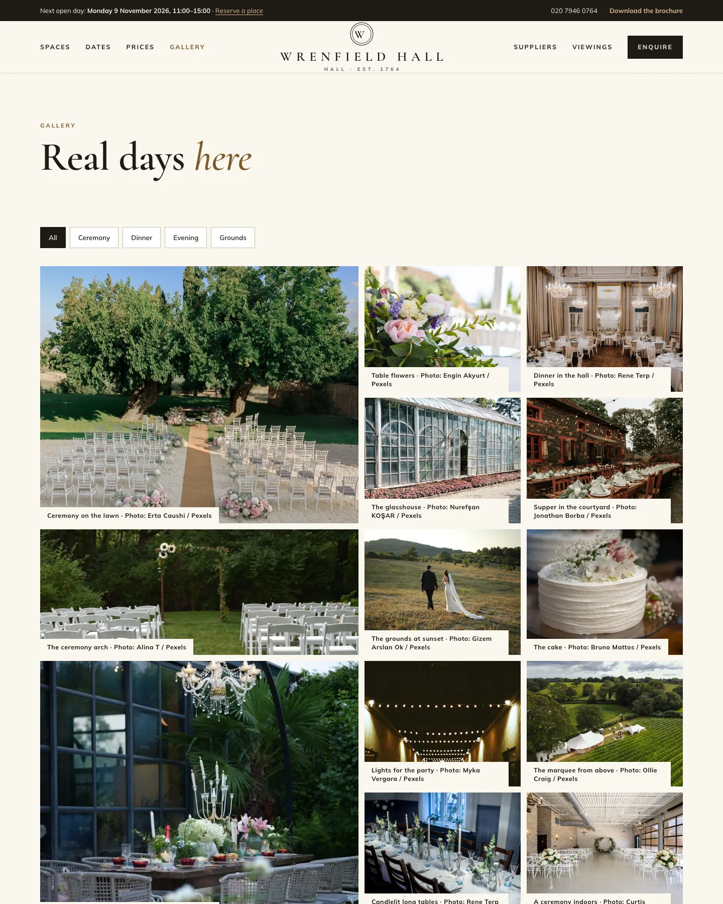 The Gallery page, "Real days here": buttons for All, Ceremony, Dinner, Evening and Grounds above a mosaic of photos, each captioned with what it shows and the photographer, such as "Ceremony on the lawn · Photo: Erta Caushi / Pexels" and "Dinner in the hall · Photo: Rene Terp / Pexels"