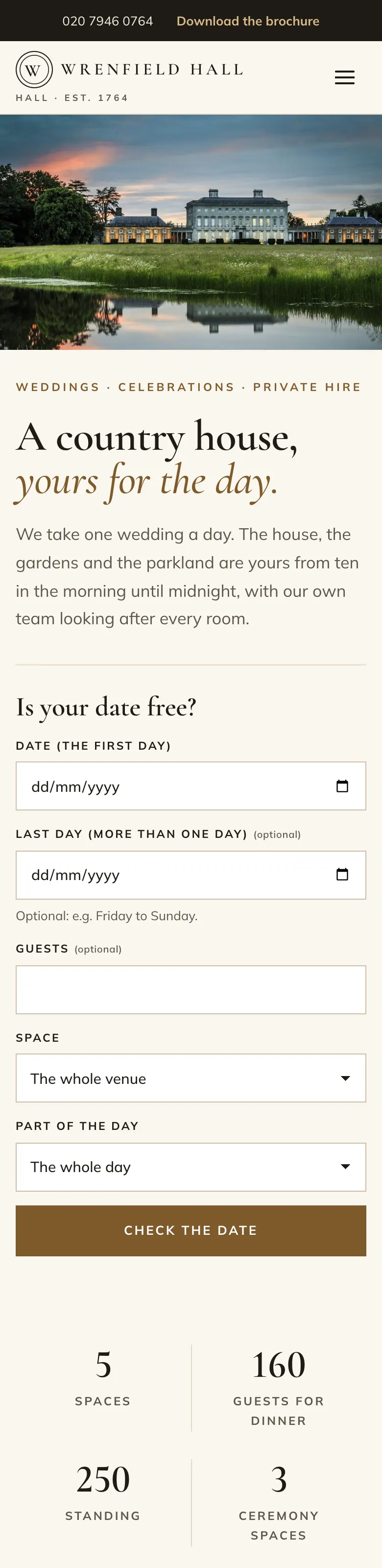 The Estate design on a phone: the crest and a menu button at the top, the photo of the house, then the headline and the date checker stacked underneath