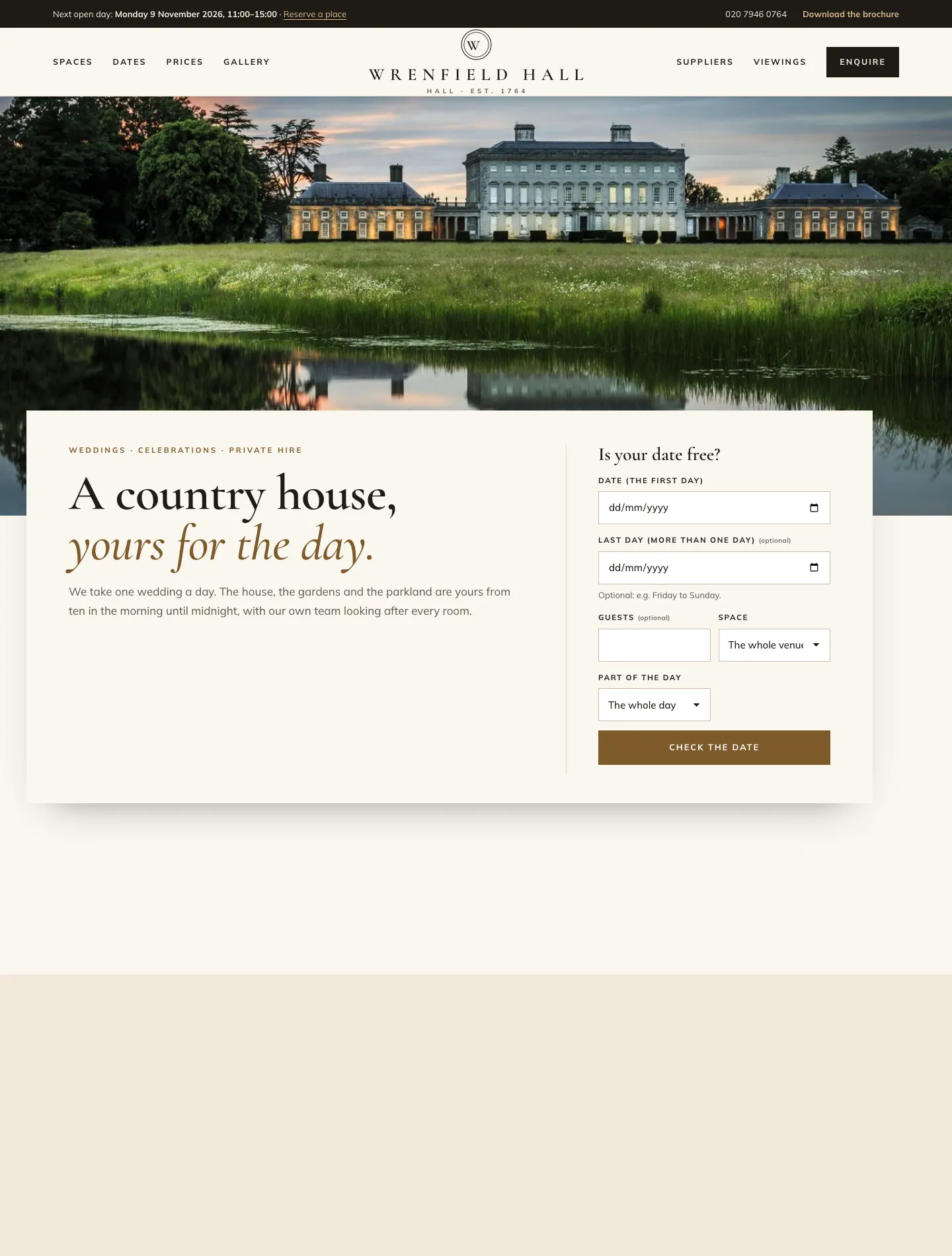 The home page of the Wrenfield Hall demo in the Estate design, with a photo of the house, the headline "A country house, yours for the day" and an "Is your date free?" panel on the right