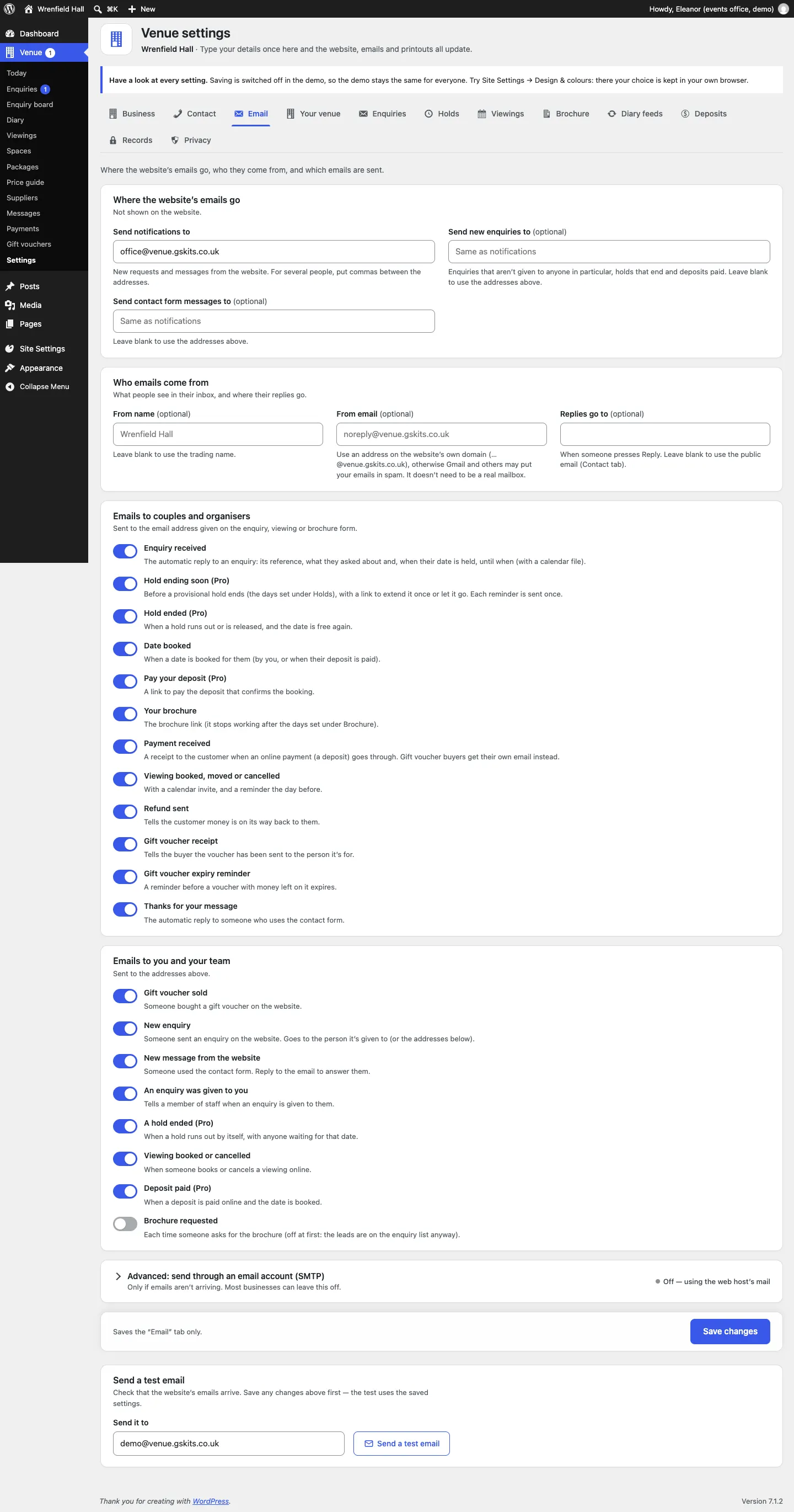 The Email settings tab: Where the website's emails go (Send notifications to, Send new enquiries to, Send contact form messages to), Who emails come from, then a switch for each email to couples and organisers and each email to you and your team, the SMTP option and Send a test email