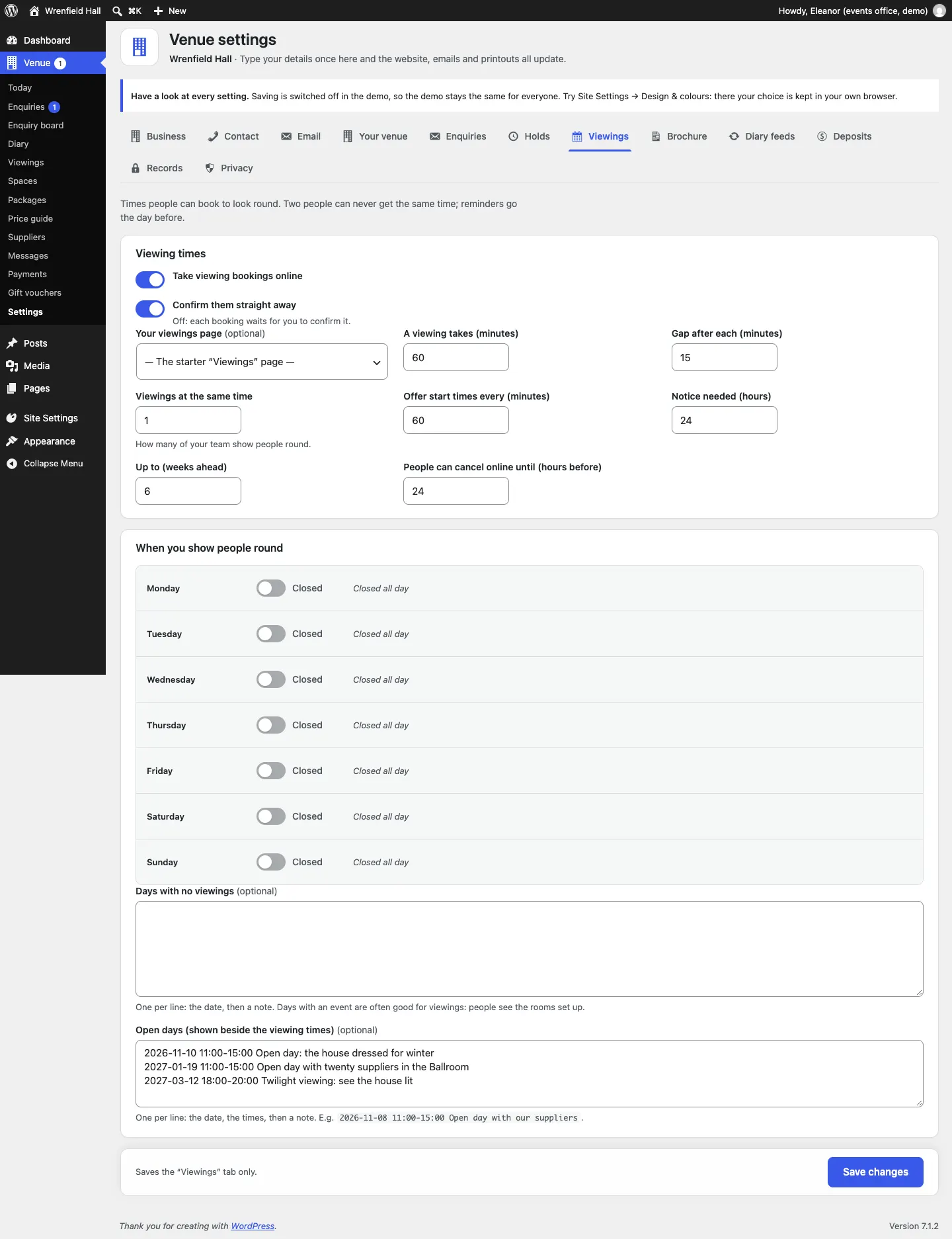 The Viewings settings tab: switches for Take viewing bookings online and Confirm them straight away, Your viewings page, boxes for A viewing takes (60 minutes), Gap after each (15), Viewings at the same time (1), Offer start times every (60), Notice needed (24 hours), Up to (6 weeks ahead) and People can cancel online until (24 hours before); then When you show people round with every day of the week switched to Closed, Days with no viewings, and Open days with three lines