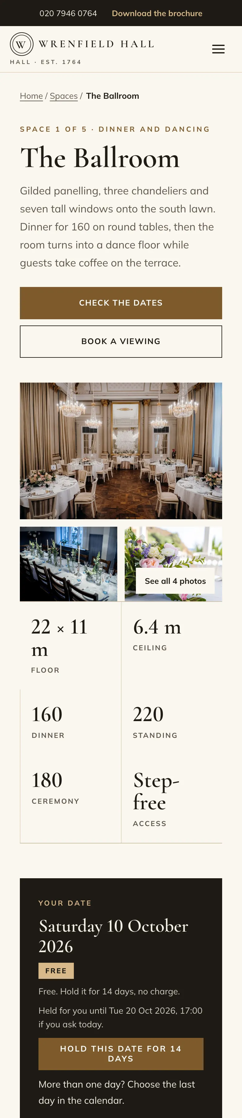 The Ballroom's page on a phone, with the title, buttons, photos and key facts one under the other