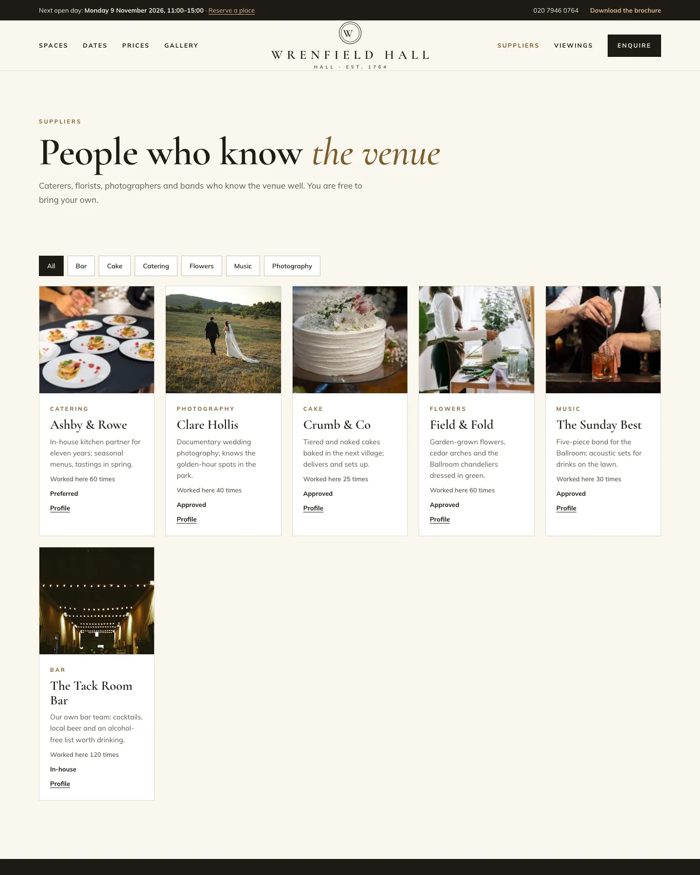 The Suppliers page, "People who know the venue": filter buttons for All, Bar, Cake, Catering, Flowers, Music and Photography, then six cards such as Ashby & Rowe (Catering, worked here 60 times, Preferred), Clare Hollis (Photography, Approved) and The Tack Room Bar (Bar, worked here 120 times, In-house), each with a Profile link